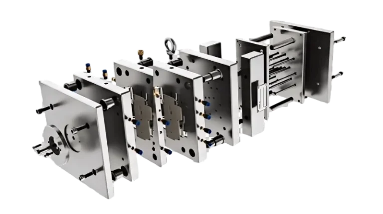 Exploded view of a plastic injection mold showing intricate design details