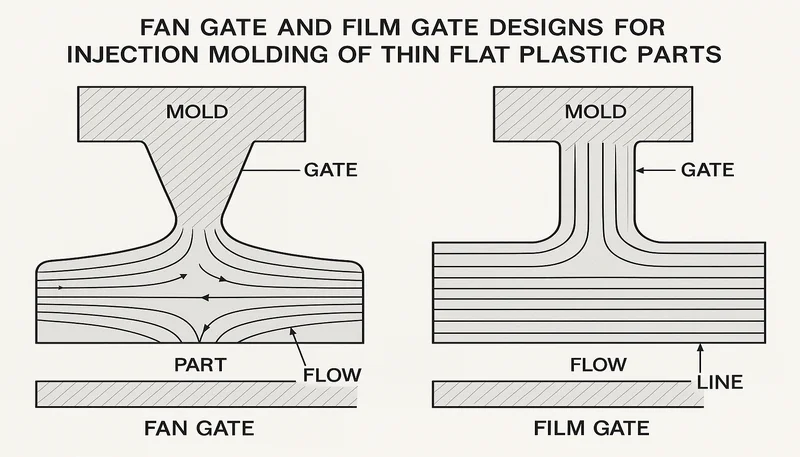 Fan gate and film gate design for thin flat plastic parts showing even plastic flow distribution
