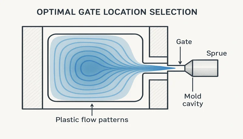 Diagram showing optimal gate location selection and plastic flow patterns in mold cavity