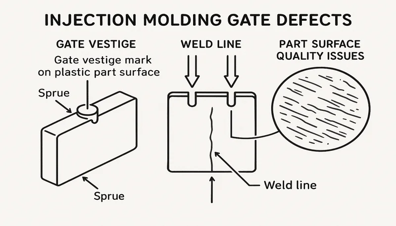 Injection molding gate defects showing gate vestige mark and weld line on plastic part surface