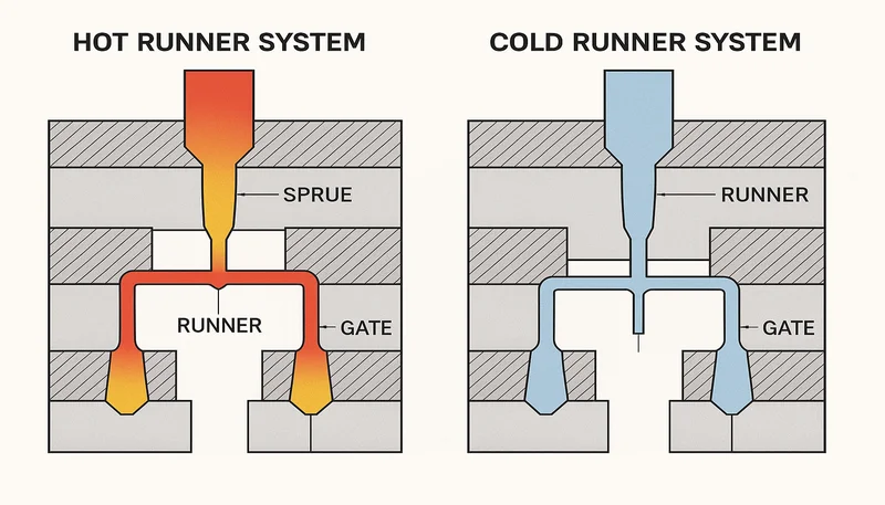 Cross-section comparison of hot runner system versus cold runner system gate design