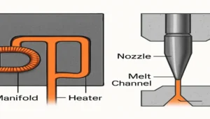 Hot runner system cross-section showing manifold, nozzles and heater