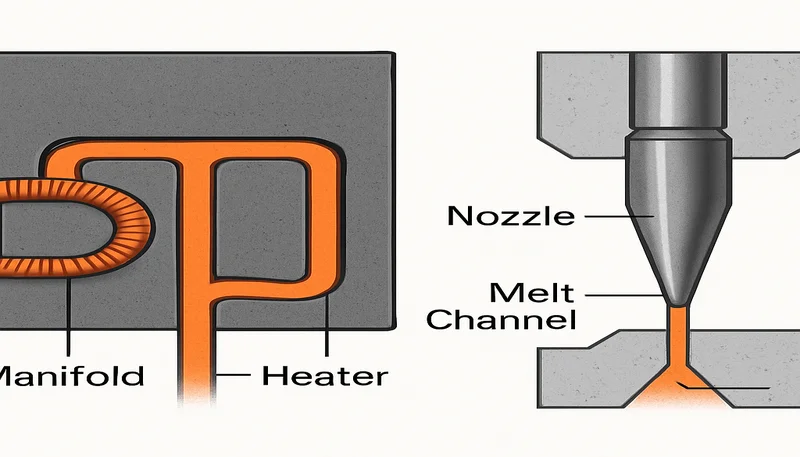 Hot runner system cross-section showing manifold and valve gates