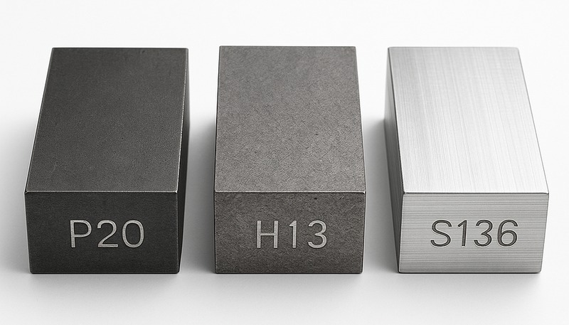 P20 H13 S136 injection mold steel comparison blocks showing hardness and material properties