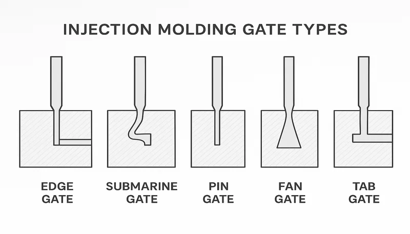 Comparison diagram of injection molding gate types edge submarine pin fan tab