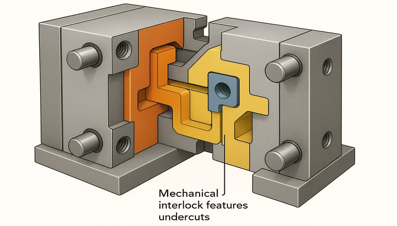 Diagram showing a mechanical interlock design in a two-shot part Diagram showing a mechanical interlock design in a two-shot part