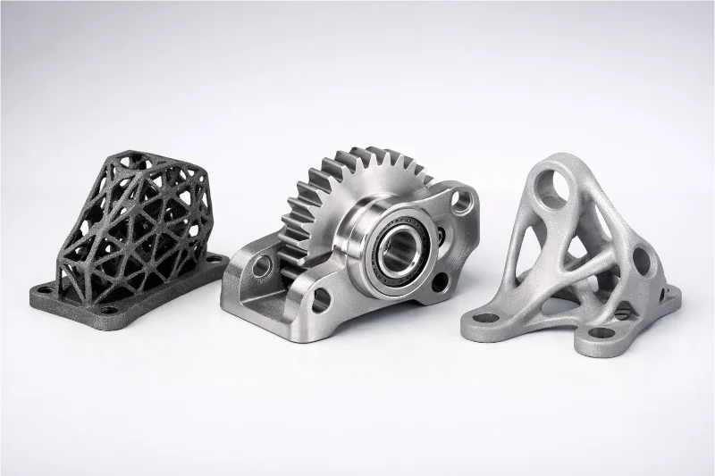 Three metal 3D printed components including a complex geometric structure, a gear mechanism, and a support bracket.