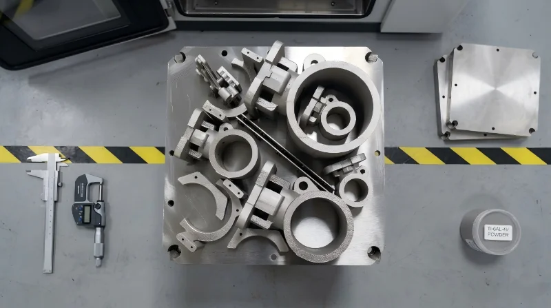 Top view of metal mold components on a workspace with measuring tools and powder.