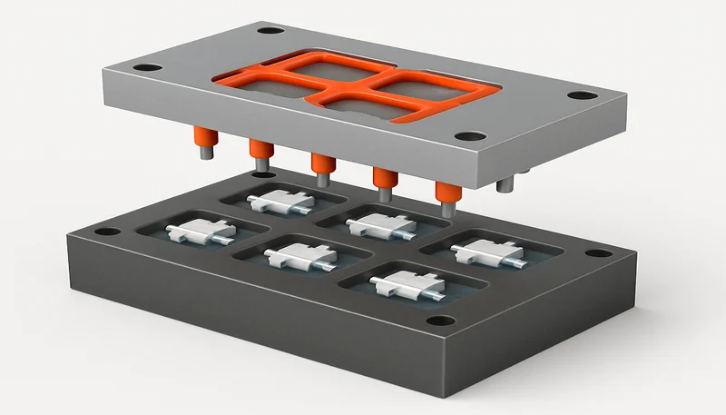 Multi-cavity injection mold with hot runner system showing 8 cavities