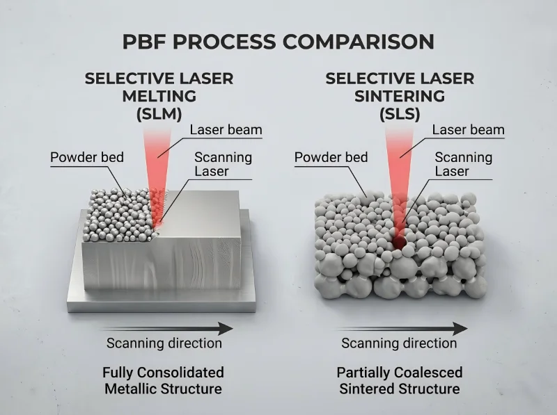 Comparison of Selective Laser Melting and Selective Laser Sintering processes, highlighting structure differences.