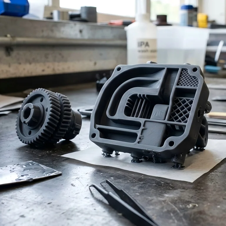 Plastic injection mold and gear component on a workshop table with various tools.