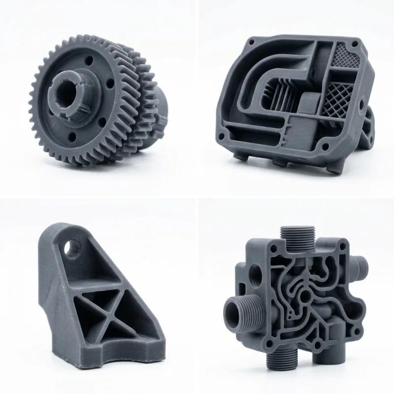 Four different plastic injection molded parts including gears and complex components on a white background.