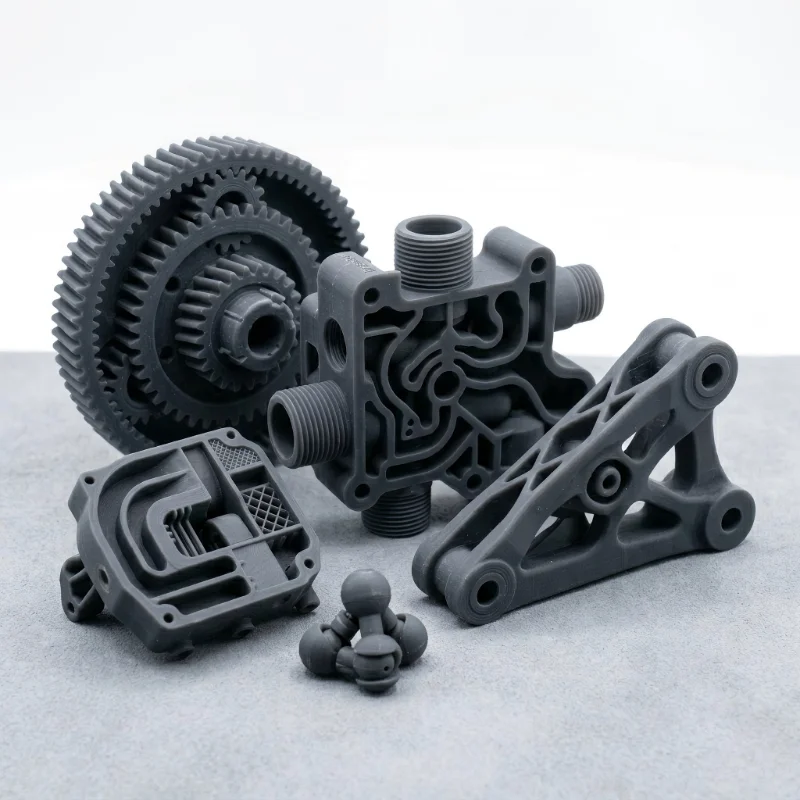 Variety of precision-molded plastic parts including gears and brackets displayed on a gray surface.