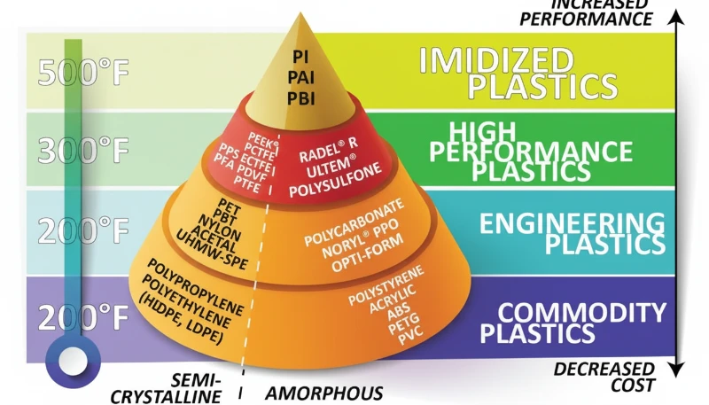 Injection molding material selection chart comparing commodity, engineering, and high-performance thermoplastics by strength, temperature, and cost