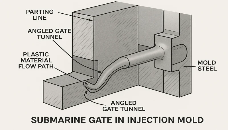 Submarine tunnel gate design cutaway showing angled gate tunnel beneath parting line in injection mold
