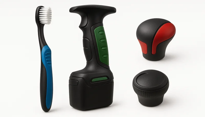 Examples of two-shot molded products like a toothbrush and a power tool handle Examples of two-shot molded products like a toothbrush and a power tool handle