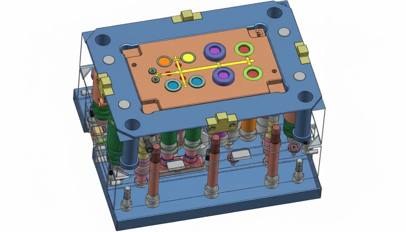 3D CAD assembly of a family injection mold with multiple different cavities