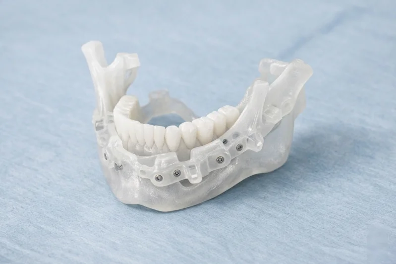 Close-up of a 3D printed dental prosthetic model showcasing artificial teeth and transparent support structure on a blue surface.