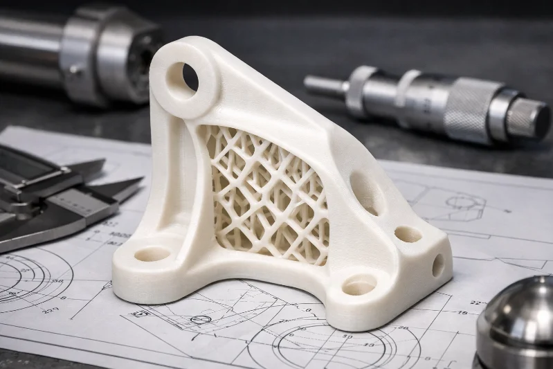 3D-printed plastic bracket with a lattice structure on technical drawings, surrounded by calipers and precision tools.