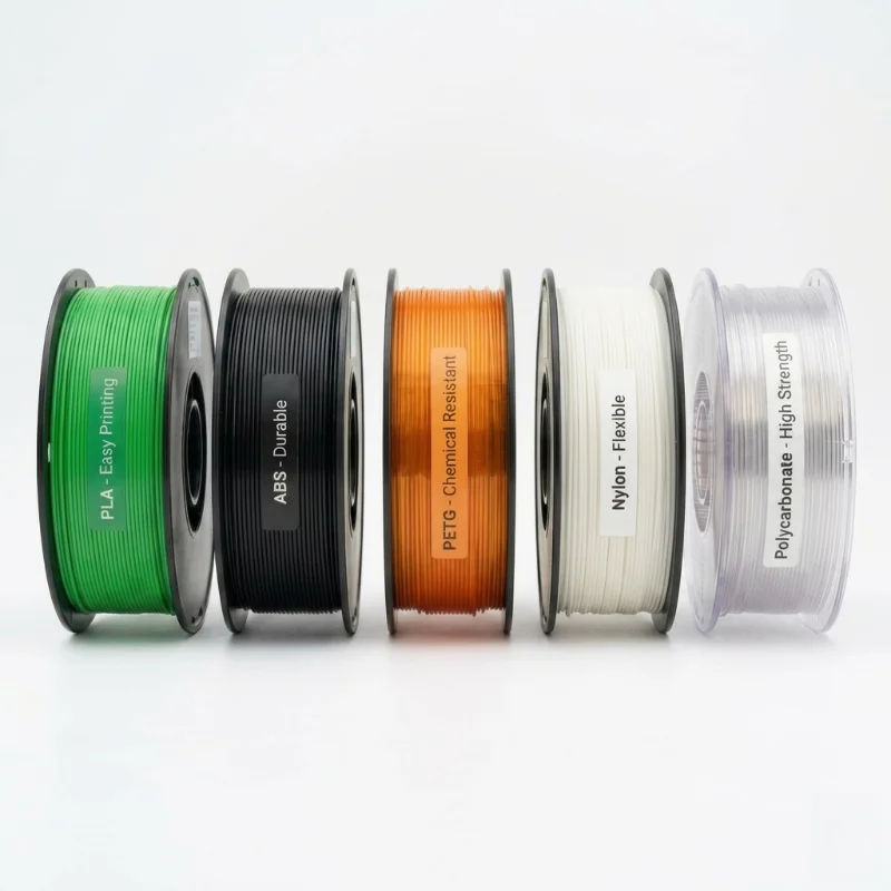 Five spools of 3D printer filaments labeled: PLA (easy printing), ABS (durable), PETG (chemical resistant), Nylon (flexible), and Polycarbonate (high strength).