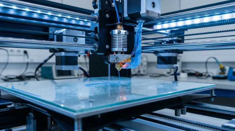 Close-up of a 3D printer in operation, extruding material onto a glass platform in a laboratory setting.