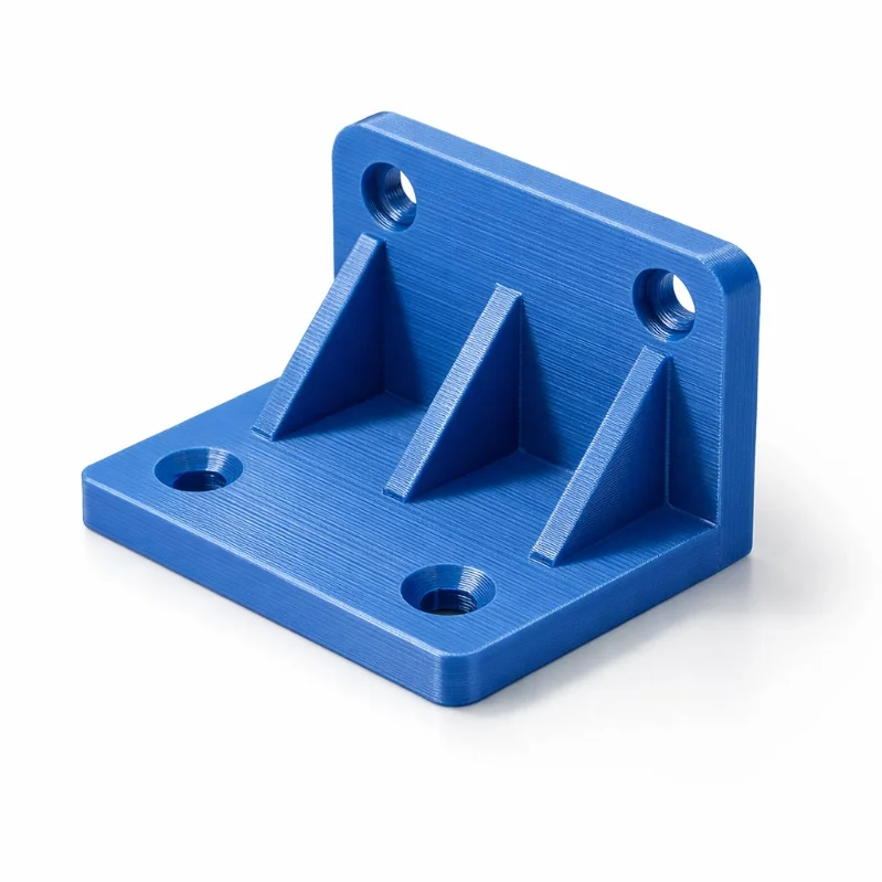 Blue plastic angle bracket with three mounting holes for structural support.