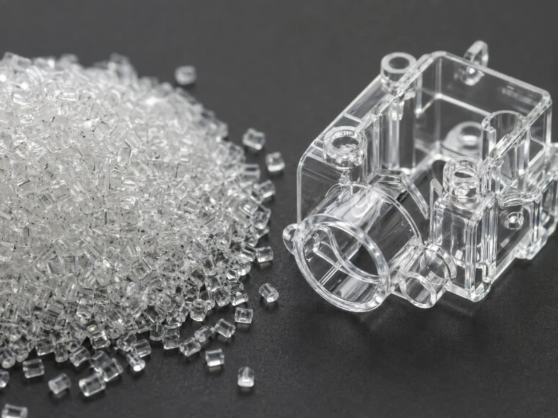 Stos jasnych granulatów plastiku obok precyzyjnie odlanej przeźroczystej części plastikowej na ciemnej powierzchni.