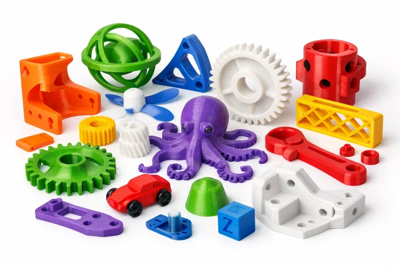 Collection of colorful 3D plastic parts including gears, octopus, toy car, and various shapes.