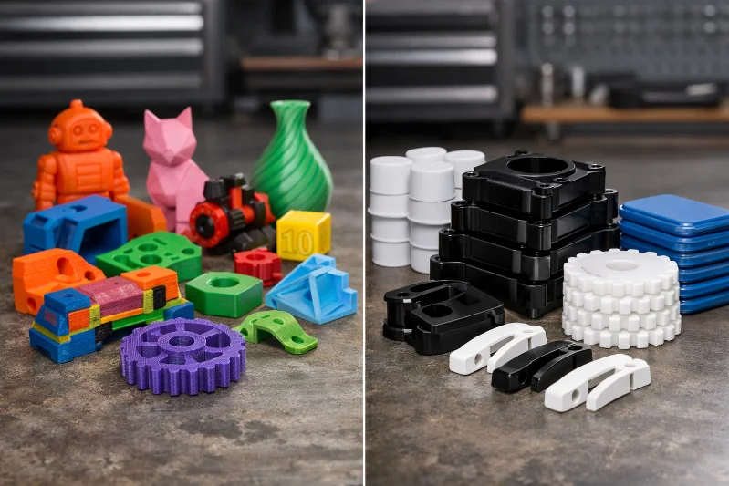 A display of colorful and black industrial molded plastic parts on a workshop surface.