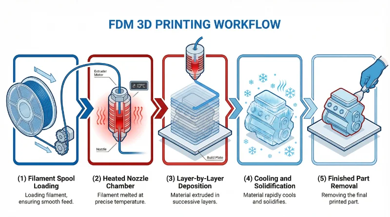 Illustration showing the FDM 3D printing workflow with steps from filament loading to part removal.