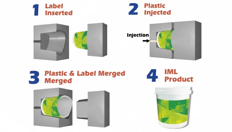 Diagram showing the in-mold labeling process in four steps for injection molding, resulting in a labeled plastic product.