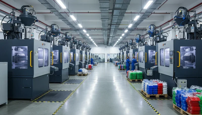 Injection molding machine showing screw and barrel injection unit