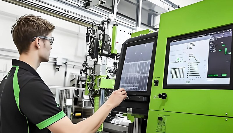 Injection molding production line in operation