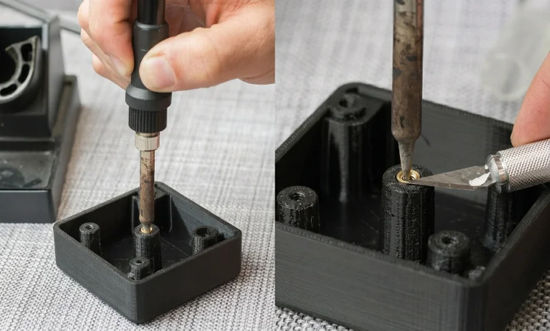 Close-ups of a person inserting and smoothing a metal thread into a black 3D-printed part using a soldering tool.