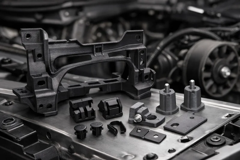 Various plastic injection molded components displayed on a metal surface in an industrial setting.