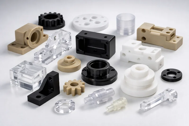 Various plastic molded parts in different shapes and colors displayed on a white background.