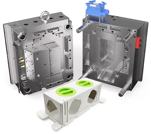 High-precision plastic injection mold tools showcasing metal molds and a completed plastic part.