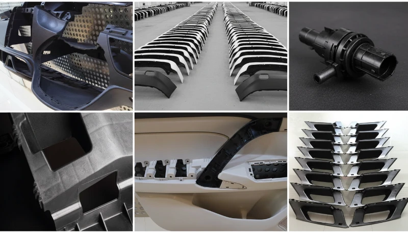 Collage of plastic injection molded automotive parts