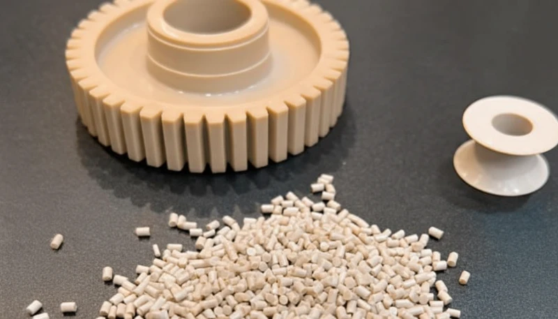 Plastic injection molding material pellets and samples