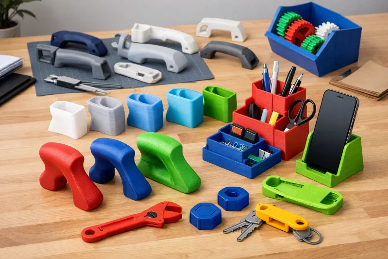 Assorted plastic organizers and tools on a wooden table, including phone holder and pen containers.