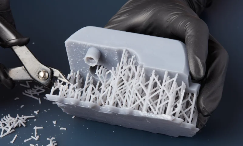 Worker using clippers to remove excess plastic material from a part created using injection molding.