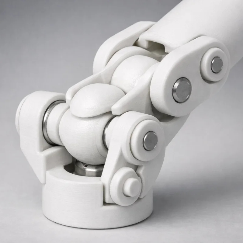 Close-up image of a white robotic joint with intricate mechanical components.