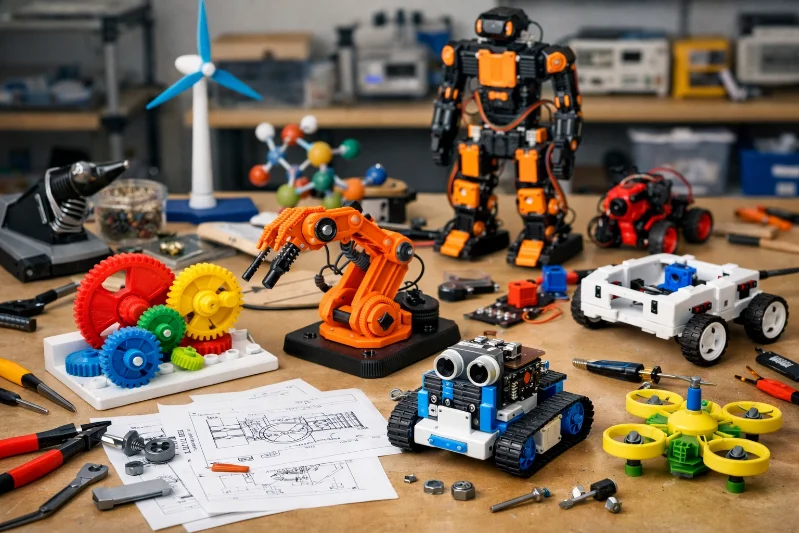 Workbench with robotics projects, including robot models, drones, and mechanical parts.