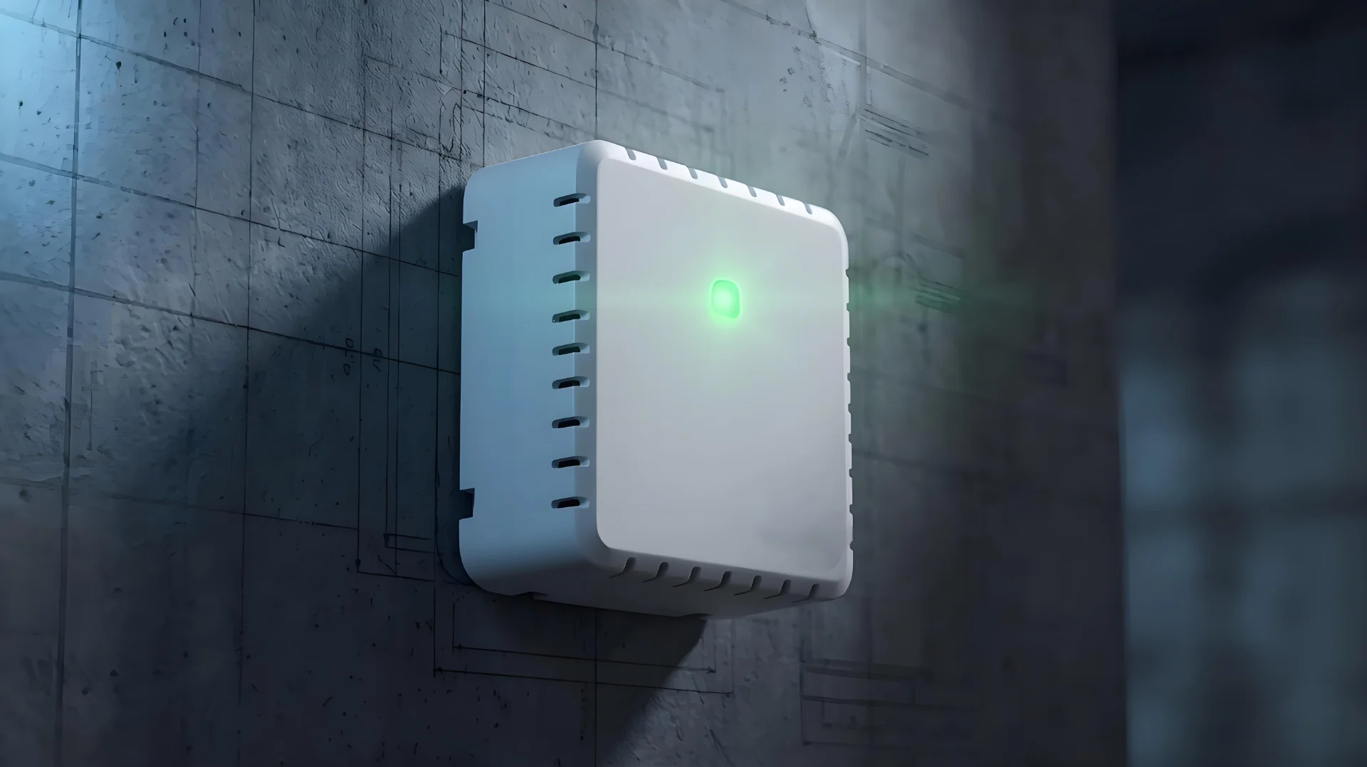 Smart home device mounted on a gray wall with glowing green indicator light.