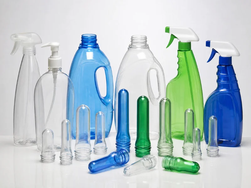 Mavi, yeşil ve şeffaf renklerde ambalajlama için plastik preformlar ve bitmiş şişeler, enjeksiyon kalıplama teknolojisini temsil ediyor.