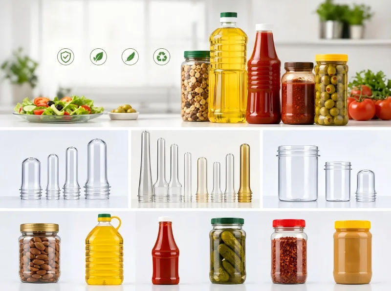 Yağ şişeleri, çeşni kapları ve geri dönüştürülebilir seçenekler gibi gıda ambalajlama çözümlerini sergileyen, doldurulmuş kavanozların yanı sıra plastik şişe preformları.
