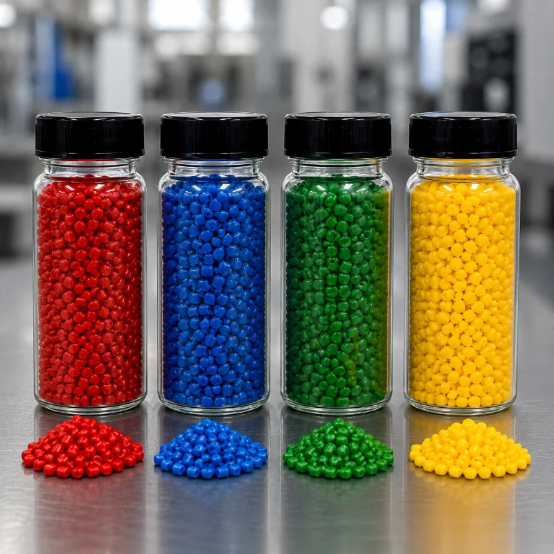 Kırmızı, mavi, yeşil ve sarı renklerde plastik reçine taneleri içeren siyah kapaklı dört cam şişe, önlerinde eşleşen tanecik yığınları ile.