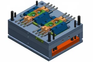 3D design rendering of a complex plastic injection mold with multiple components and ejector pins.