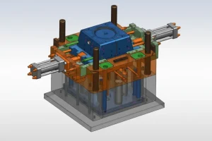 3D model of a complex plastic injection mold with various components and structures, used for precise molding processes.