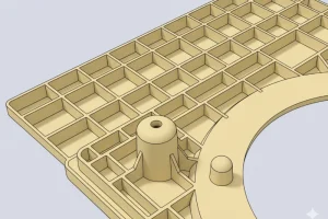Closeup of a beige plastic grid structure featuring square recesses and a circular section with two protrusions on a flat surface.